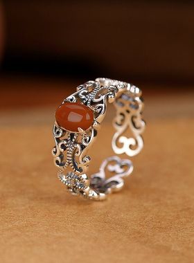 复古亮面如意镂空蛋面戒指