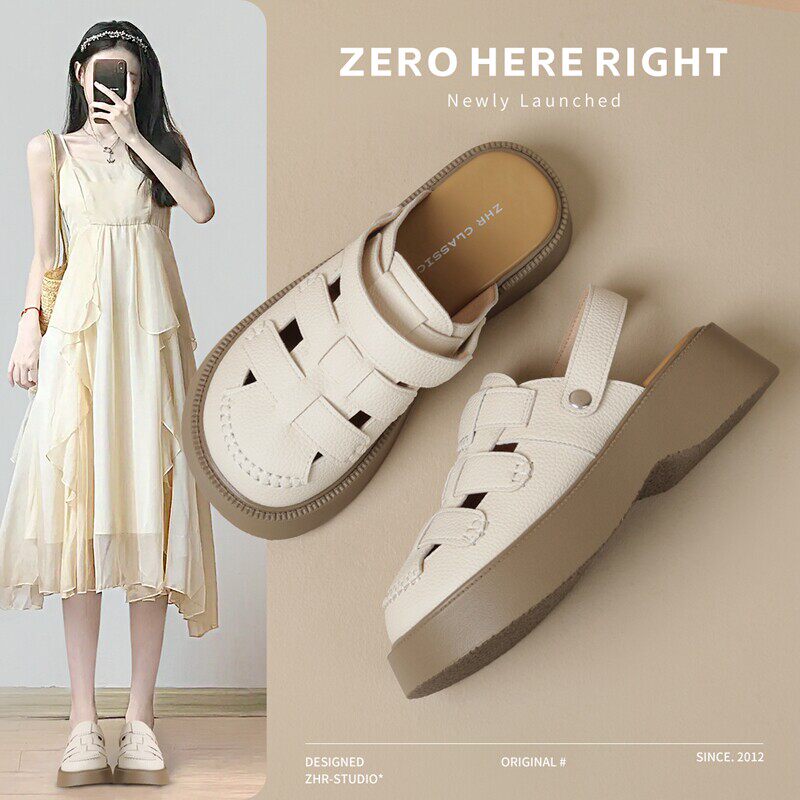 ZHR厚底罗马凉鞋女2026新款夏季两穿镂空猪笼鞋包头沙滩半拖鞋女