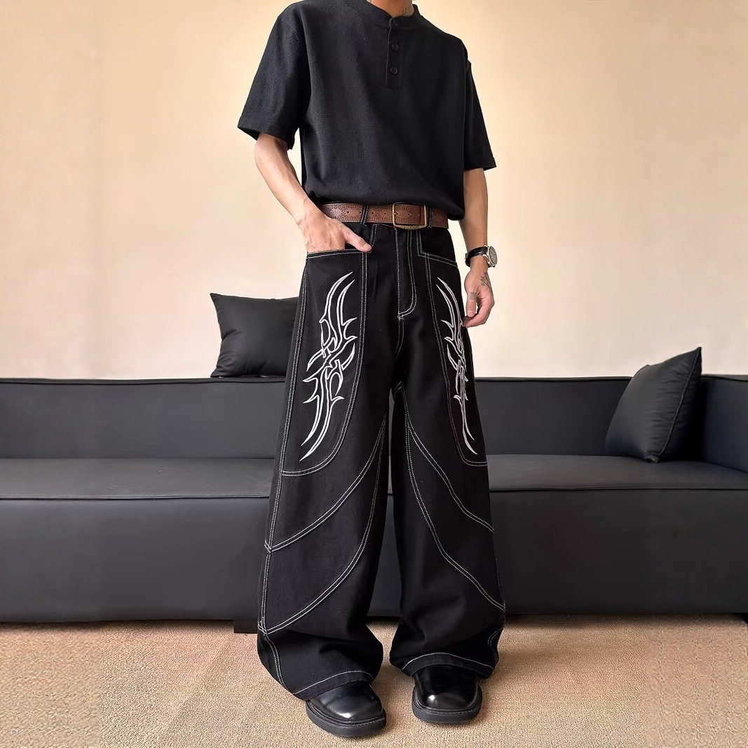 小众解构刺绣牛仔裤男春秋vibe风美式街头宽松休闲痞帅直筒阔腿