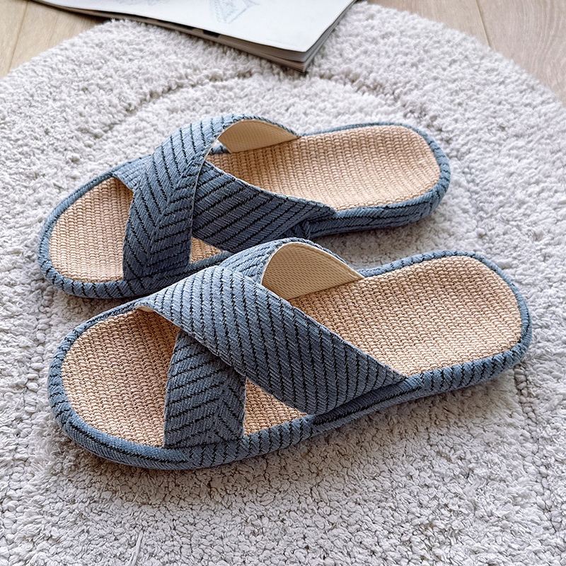 夏季日式人体工学盆底交叉亚麻凉拖鞋男女居家室内舒适防滑牛筋底