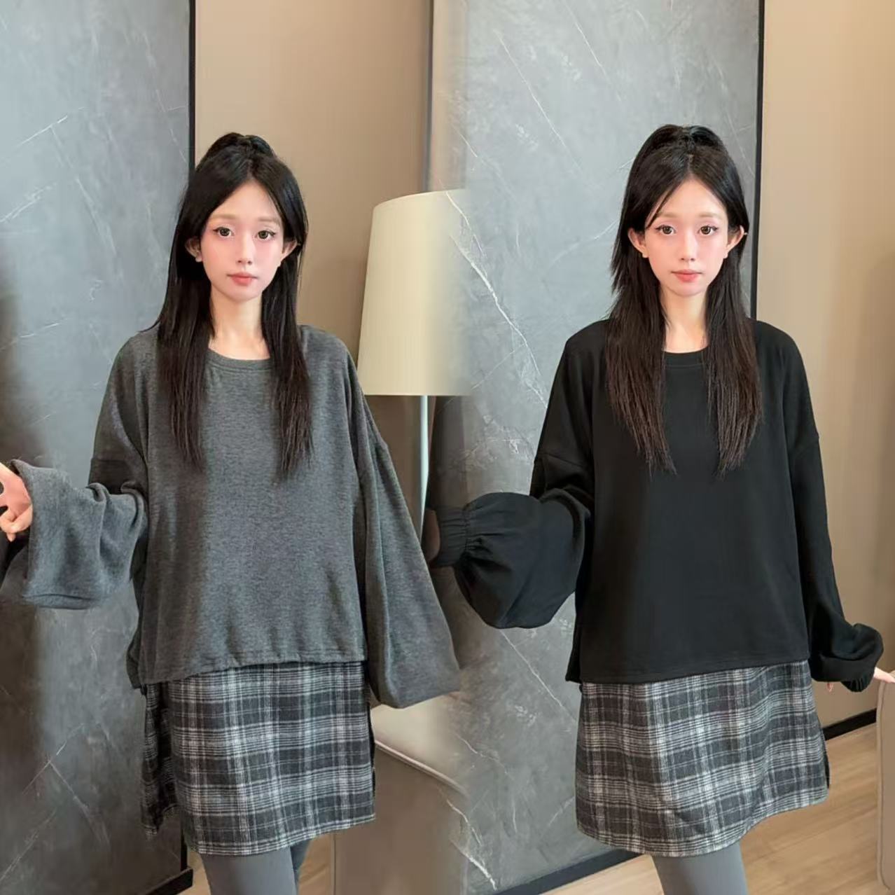 二姐的宝藏秋款设计感格纹拼接休闲毛衣针织衫时尚圆领上衣#25369