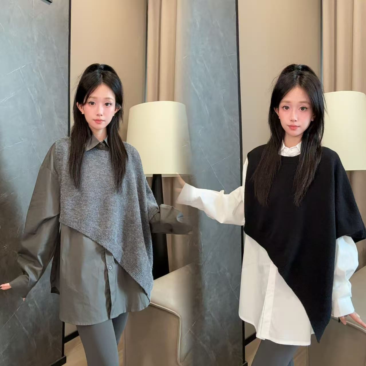 设计感百搭马甲衬衫两件套