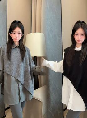二姐的宝藏秋款韩版时尚百搭不规则设计感马甲衬衫两件套#25366