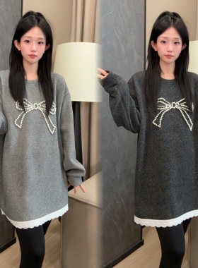 二姐的宝藏冬季蝴蝶结钉珠德绒拼接蕾丝套头长袖卫衣#25502