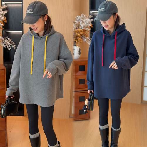 连帽撞色抽绳德绒帽衫卫衣
