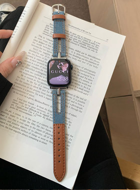 AWin夏季休闲牛仔帆布拼皮镂空表带适用苹果手表iwatch891011通用