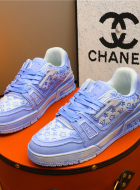 欧美站轻奢蓝色印花低帮板鞋男女情侣厚底舒适百搭时增高尚休闲鞋