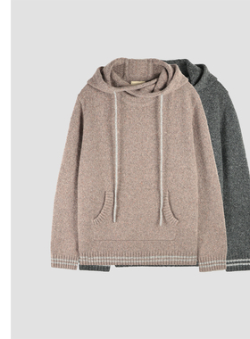 巧珀思｜JCLP33687匠心加厚纯羊绒花纱肘补丁连帽针织衫宽松毛衣