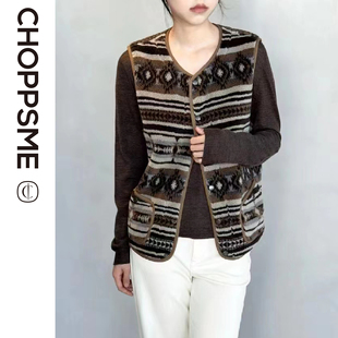 巧珀思｜小众费尔岛提花 羊毛涤纺颗粒羊剪绒圆领宽松马甲14202