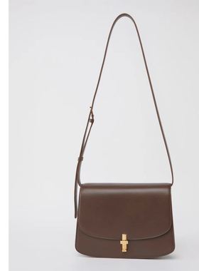 巧珀思｜12679中号头层牛皮镀真金纯铜T形掀扣可调节肩带斜跨包