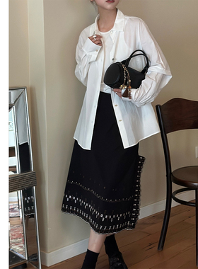 巧珀思｜法式雕孔刺绣汉麻真丝匹马棉不对称翻折开叉A字半裙21463