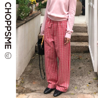 亚麻棉红白格子松紧高腰阔腿裤