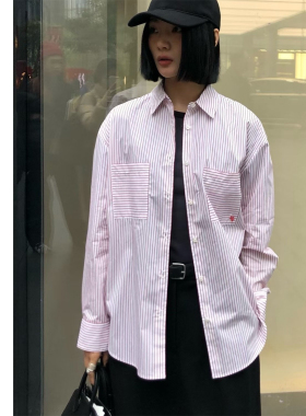 巧珀思｜24864小刺绣全棉府绸棉红白细条纹口袋慵懒大廓形衬衫