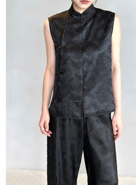 巧珀思|香云纱团龙纹19MM莨绸，中式盘扣立领真丝马甲背心女15142