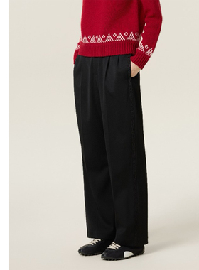 巧珀思｜20562厚实真丝羊毛软呢褶裥后松紧高腰直筒休闲长裤