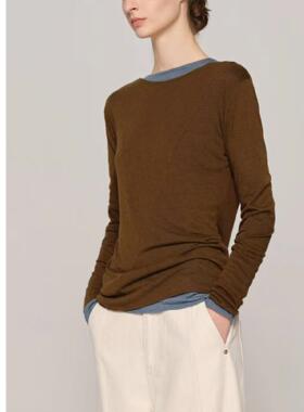 巧珀思｜轻薄软弹聚酯亚麻 斜裁拼接净色百搭船领长袖T恤15094