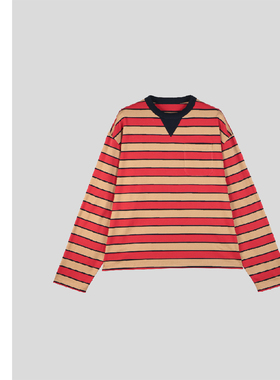 巧珀思｜21565Prad同款长绒棉纯棉撞色条纹落肩袖廓形宽松长袖T恤