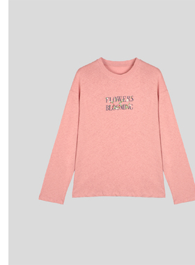 巧珀思｜亚麻棉字母开花印花轻薄透气落肩袖宽松圆领长袖T恤21401