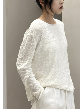 巧珀思｜柔软纯亚麻微透立体肌理感针织衫圆领套头宽松上衣18228