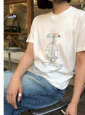 巧珀思｜26117柔软高支纯棉法式涂鸦喷泉和平鸽印花圆领短袖T恤
