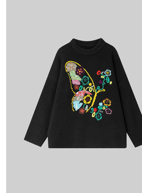 巧珀思｜21845蝴蝶花卉钩花厚实柔软羊毛混纺多彩刺绣针织衫