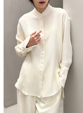 巧珀思｜15899极简知性桑蚕丝细密单排扣小立领宽松中长款衬衫