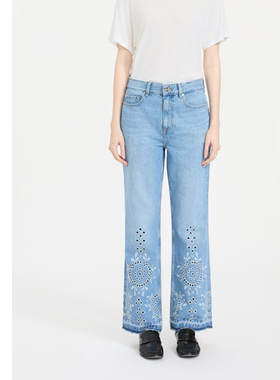 巧珀思｜23509土耳其进口雕孔绣花直筒裤猫须休闲百搭微喇牛仔裤
