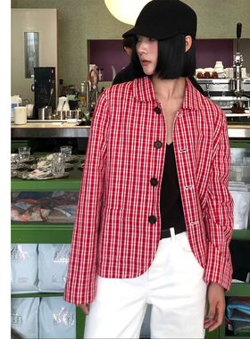 巧珀思｜25083亚麻棉红白格子翻领单排扣宽松外套