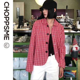 巧珀思｜25083亚麻棉红白格子翻领单排扣宽松外套