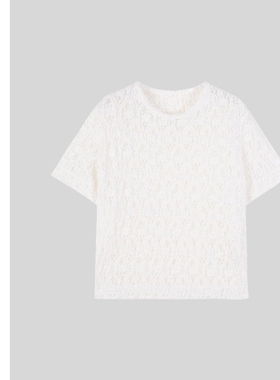 巧珀思｜优雅性感轻盈通透 花卉蕾丝镂空锦棉 圆领短袖T恤16940