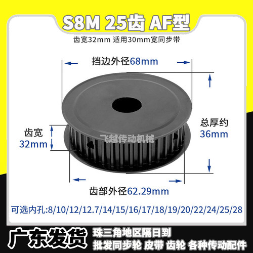 S8M25齿300铁槽宽32AF型两面平同步轮45#碳钢发黑孔151617181920