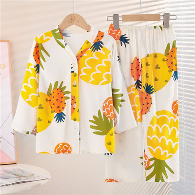 儿童睡衣夏季棉绸家居服套装开衫长袖长裤绵绸男孩女孩夏空调服