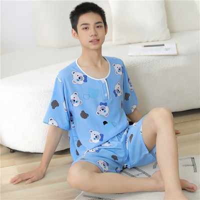 凉感男士睡衣短袖短裤棉绸夏天薄款人造棉学生青少年男家居服套装