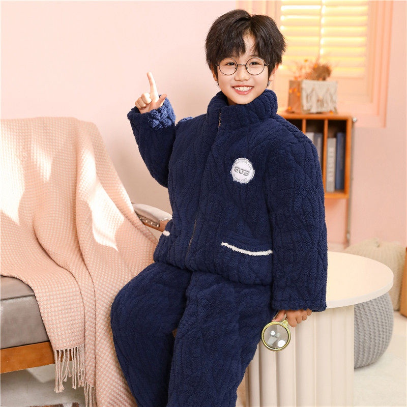 2024新款男孩三层夹棉加绒加厚款宝宝儿童家居服男童女孩珊瑚睡衣