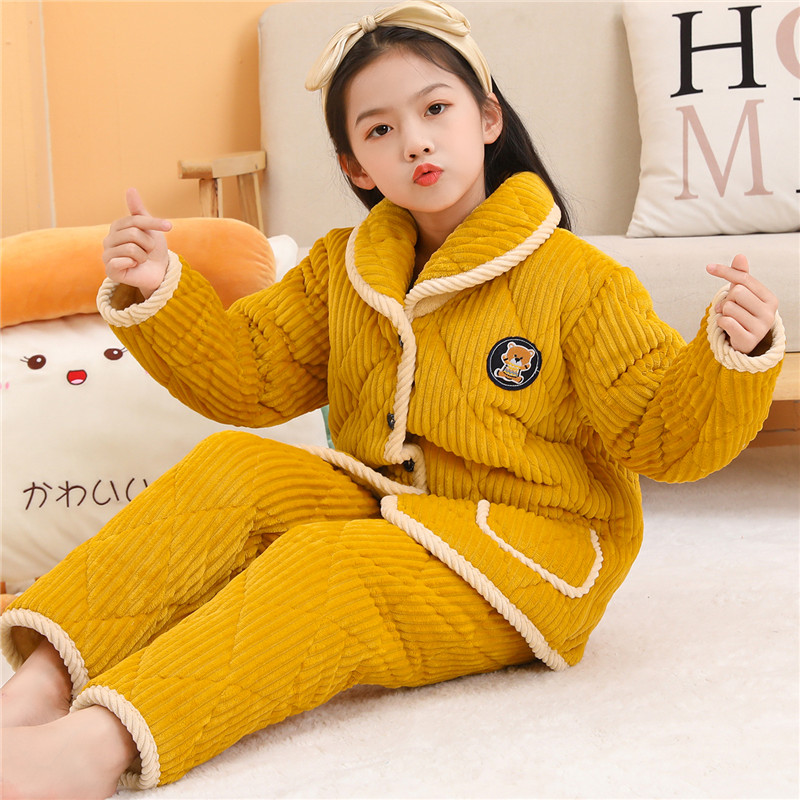 儿童睡衣男童冬季加厚款法兰绒三层夹棉加绒男孩女童珊瑚绒家居服