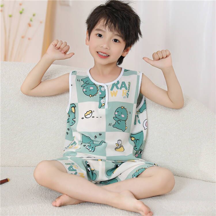 超薄款人造棉绸儿童睡衣背心短裤套装夏季小孩无袖绵绸男童家居服