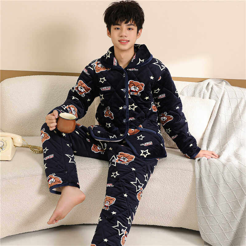 冬季睡衣男加厚加绒三层夹棉男款家居服棉衣高中生连帽居家服冬天