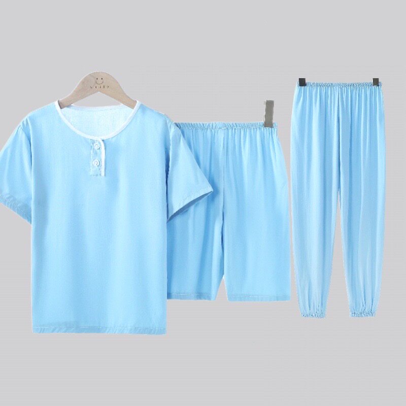 女童短袖长裤睡衣三件套夏季薄款棉绸卡通中大童空调家居服套装
