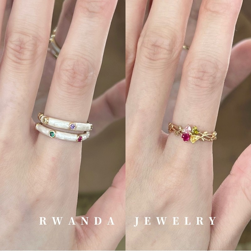 rwanda小众精致彩色锆石花朵戒指女叠戴珐琅滴釉秋冬显白开口指环