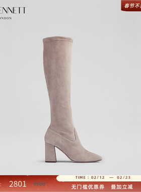 LK BENNETT灰色长筒靴女2024年冬新款时尚套筒粗跟显瘦高跟靴子