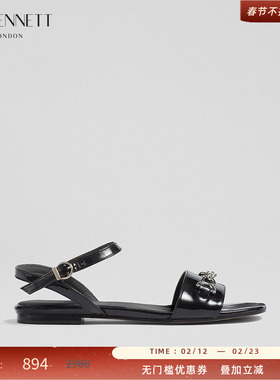 LK BENNETT黑色真皮凉鞋女夏2024新款一字带露趾牛皮平底脚腕系带