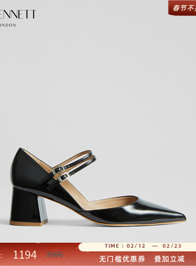 LK BENNETT黑色粗跟玛丽珍单鞋女2024新款真皮复古优雅漆皮高跟鞋