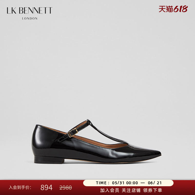 LK BENNETT黑色尖头漆皮平底鞋2025年夏新款时尚进口牛皮T字带