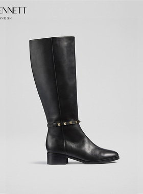 LK BENNETT黑色真皮长靴女2025冬新款牛皮4.5cm粗跟铆钉高筒骑士