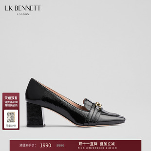 漆皮亮面方头单鞋 时尚 2024年秋新款 lkbennett黑色粗跟单鞋