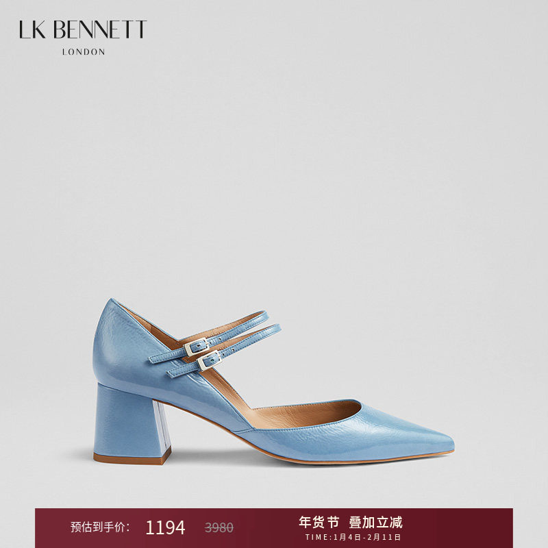 LK BENNETT蓝色粗跟玛丽珍单鞋女2024新款尖头真皮高跟鞋复古优雅,女鞋,浅口单鞋,淘宝优惠券,粉丝福利购,淘宝优惠卷