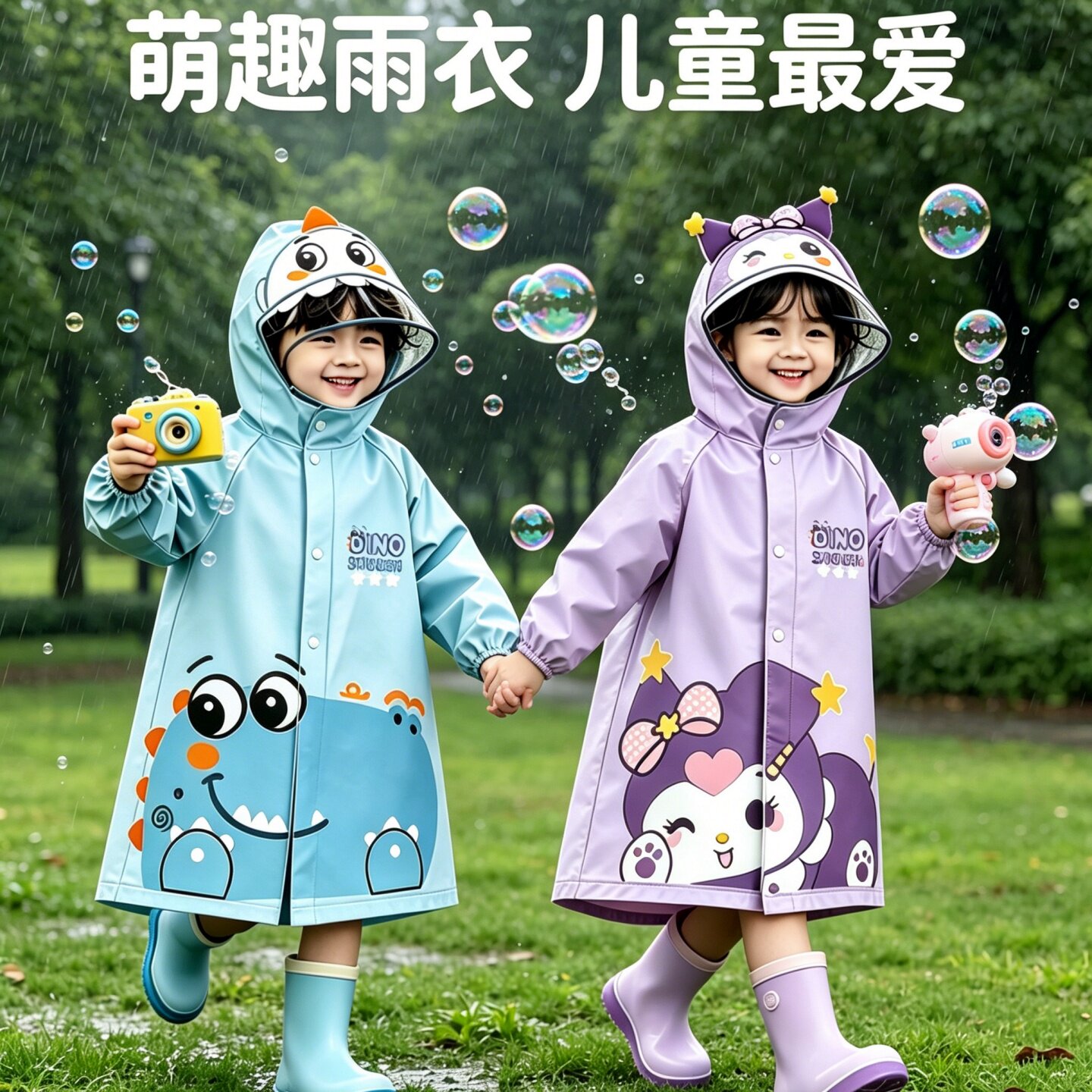 卡通儿童雨衣防水拉链雨衣大帽檐雨披幼儿园小学上学专用长款