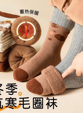 水豚卡皮巴拉儿童袜子秋冬加绒加厚毛圈袜中筒袜男女孩宝宝地板袜