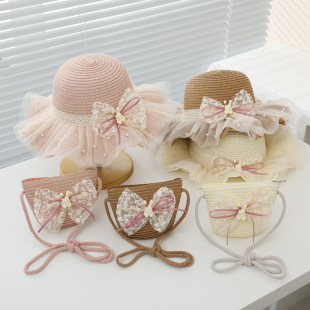 女童草帽蕾丝蝴蝶结珍珠公主风夏季大帽檐沙滩帽防晒透气渔夫帽子