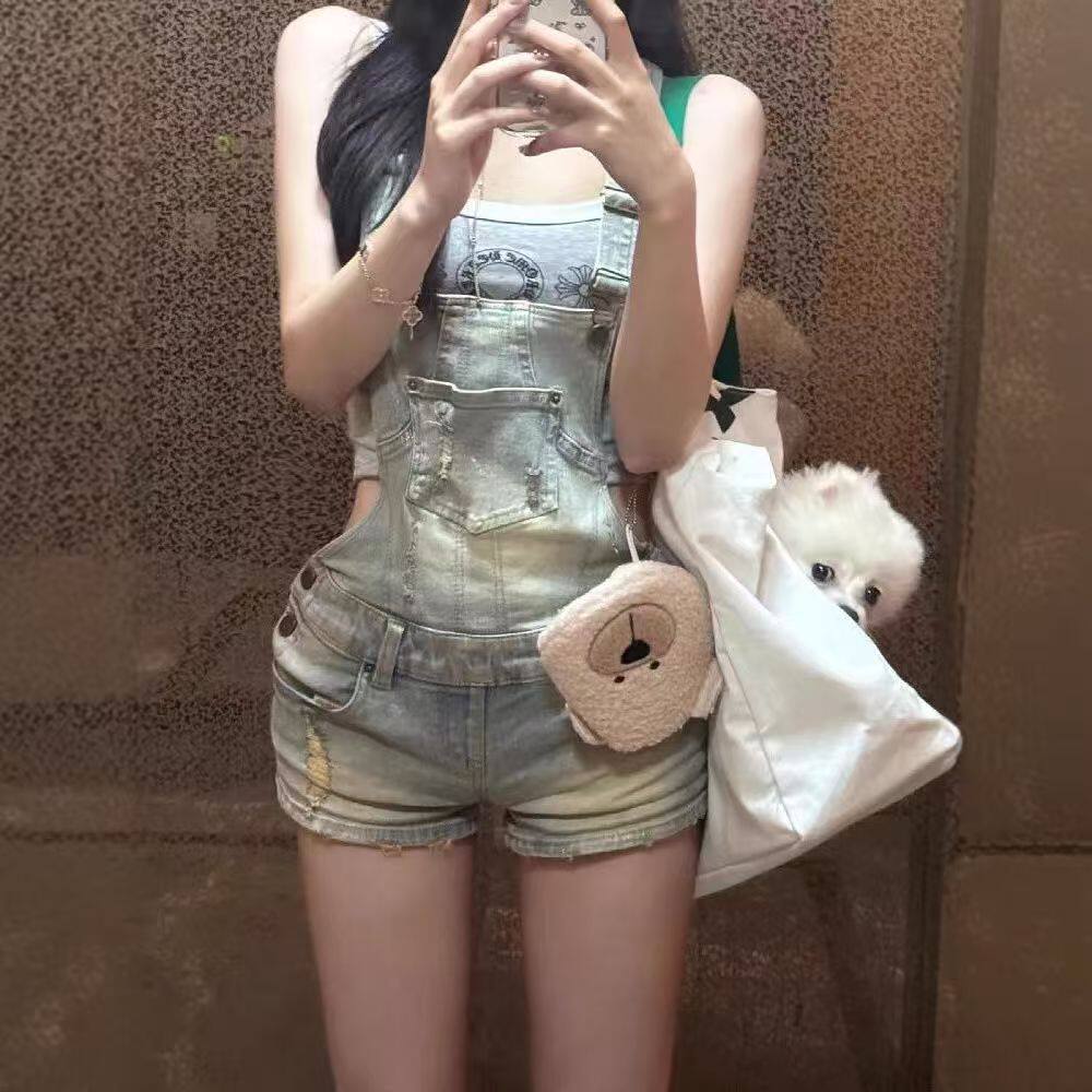 美式高街复古牛仔背带短裤女新款牛仔裤